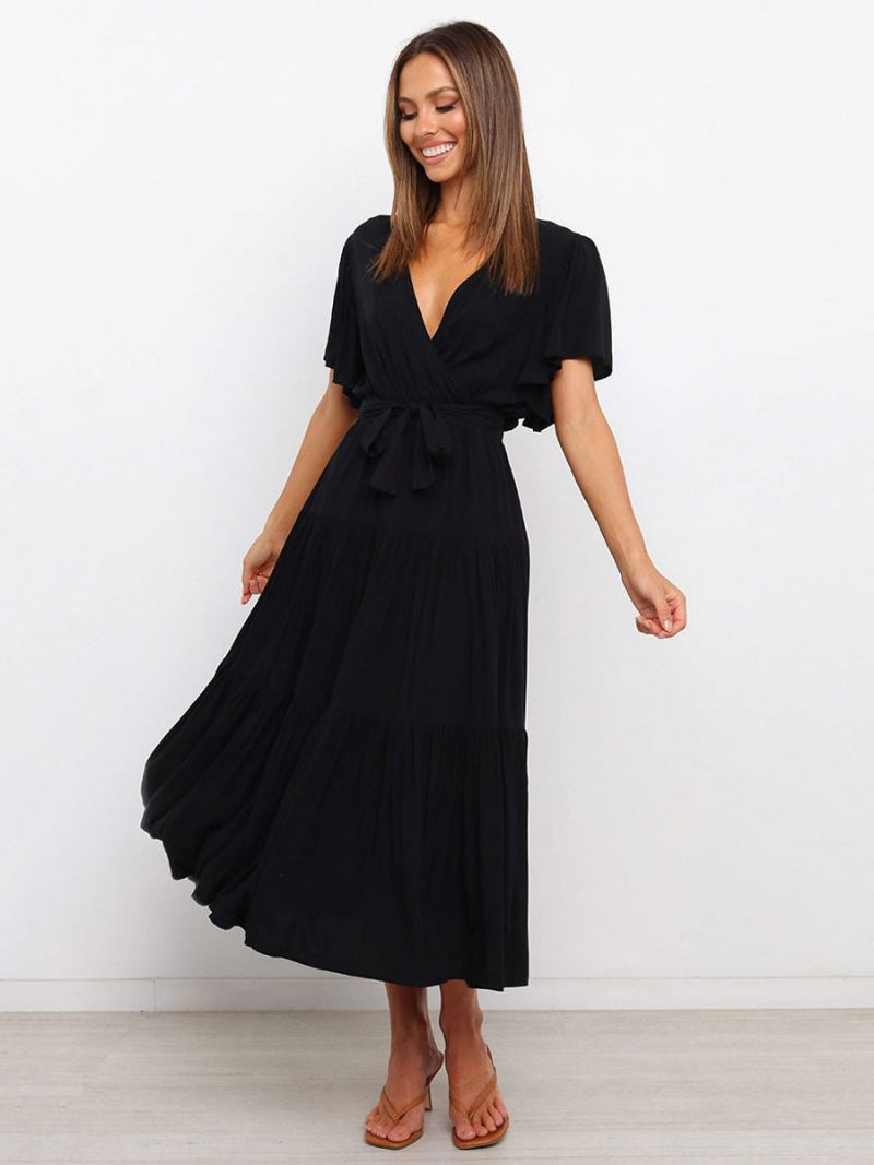 Vestidos Maxi Femininos Mangas Curtas Lavanda Com Decote Em V Rendas Camadas Vestido Longo Verão -  Preto 