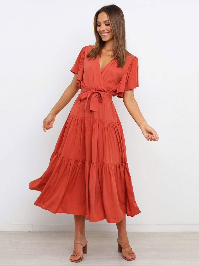 Vestidos Maxi Femininos Mangas Curtas Lavanda Com Decote Em V Rendas Camadas Vestido Longo Verão -  Vermelho Melancia