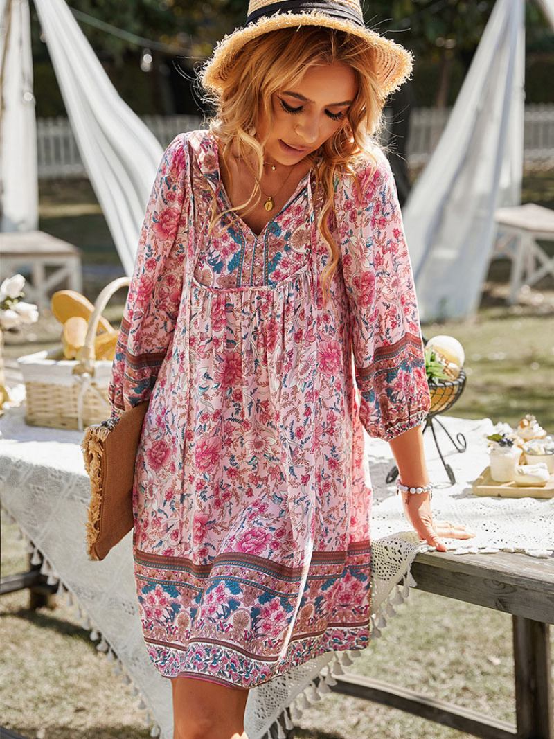 Vestido Boho Feminino Com Decote Em V E Mangas Compridas Estampado Verão