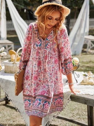 Vestido Boho Feminino Com Decote Em V E Mangas Compridas Estampado Verão