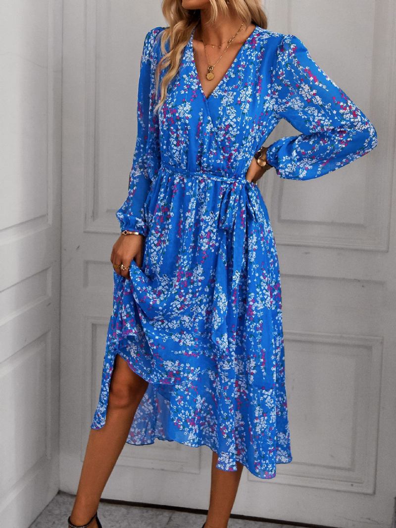 Vestido Boho Feminino Com Decote Em V Mangas Compridas Estampa Floral Praia Renda - Azul