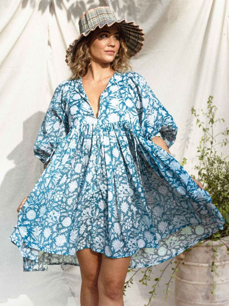 Vestido Boho Feminino Com Decote Em V Meia Manga Estampado Praia Grande