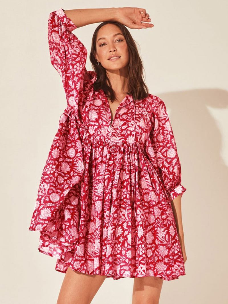 Vestido Boho Feminino Com Decote Em V Meia Manga Estampado Praia Grande - Rosa