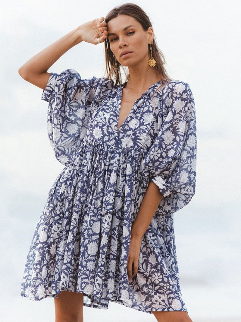 Vestido Boho Feminino Com Decote Em V Meia Manga Estampado Praia Grande - Azul