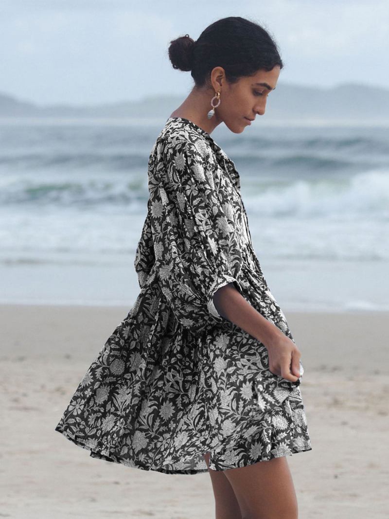 Vestido Boho Feminino Com Decote Em V Meia Manga Estampado Praia Grande - Preto