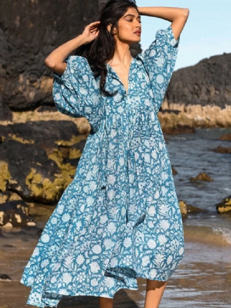 Vestido Boho Feminino Meia Manga Estampado Verão Plissado Grande