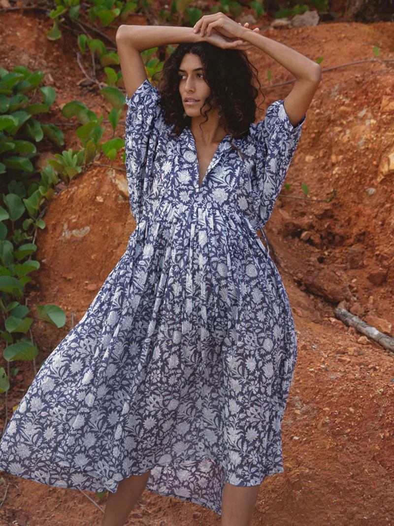 Vestido Boho Feminino Meia Manga Estampado Verão Plissado Grande - Azul