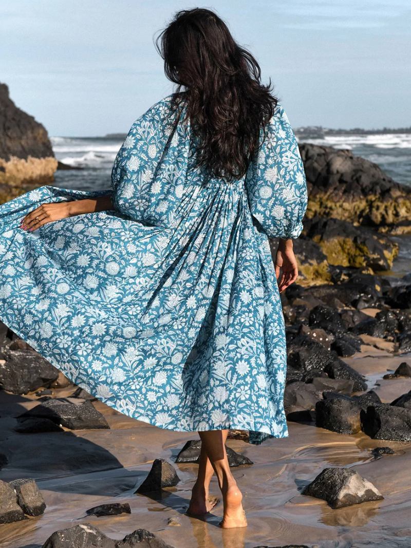 Vestido Boho Feminino Meia Manga Estampado Verão Plissado Grande - Teal