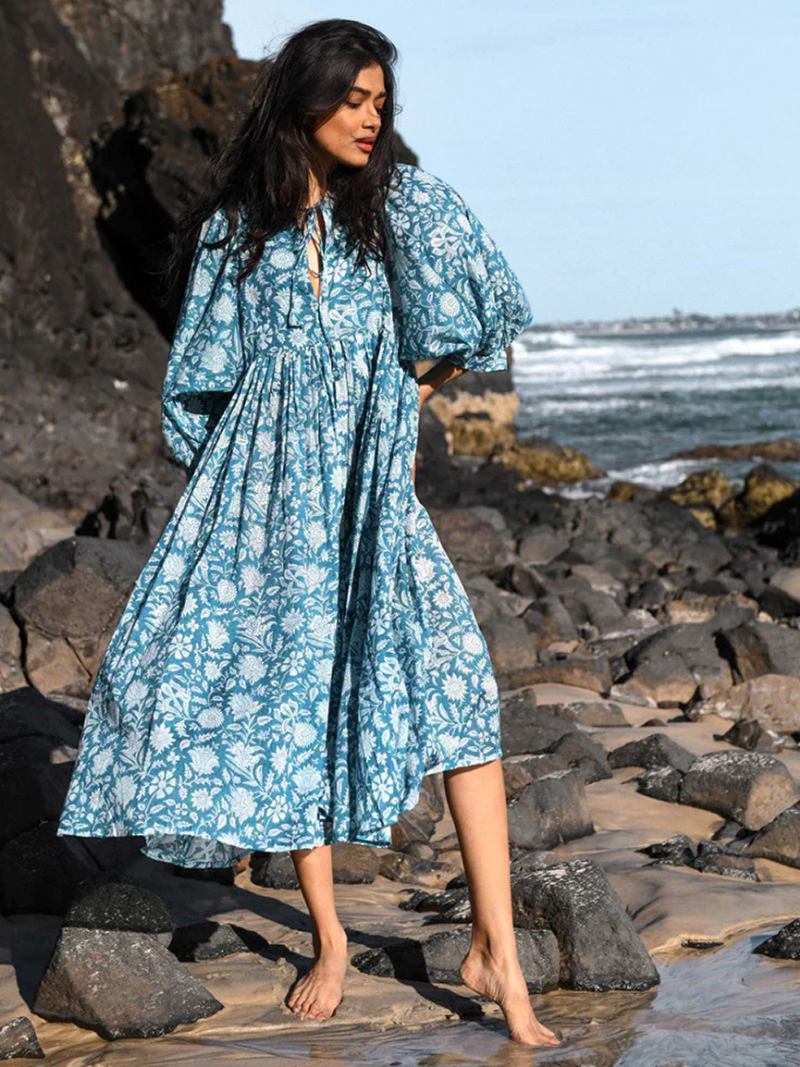 Vestido Boho Feminino Meia Manga Estampado Verão Plissado Grande - Teal