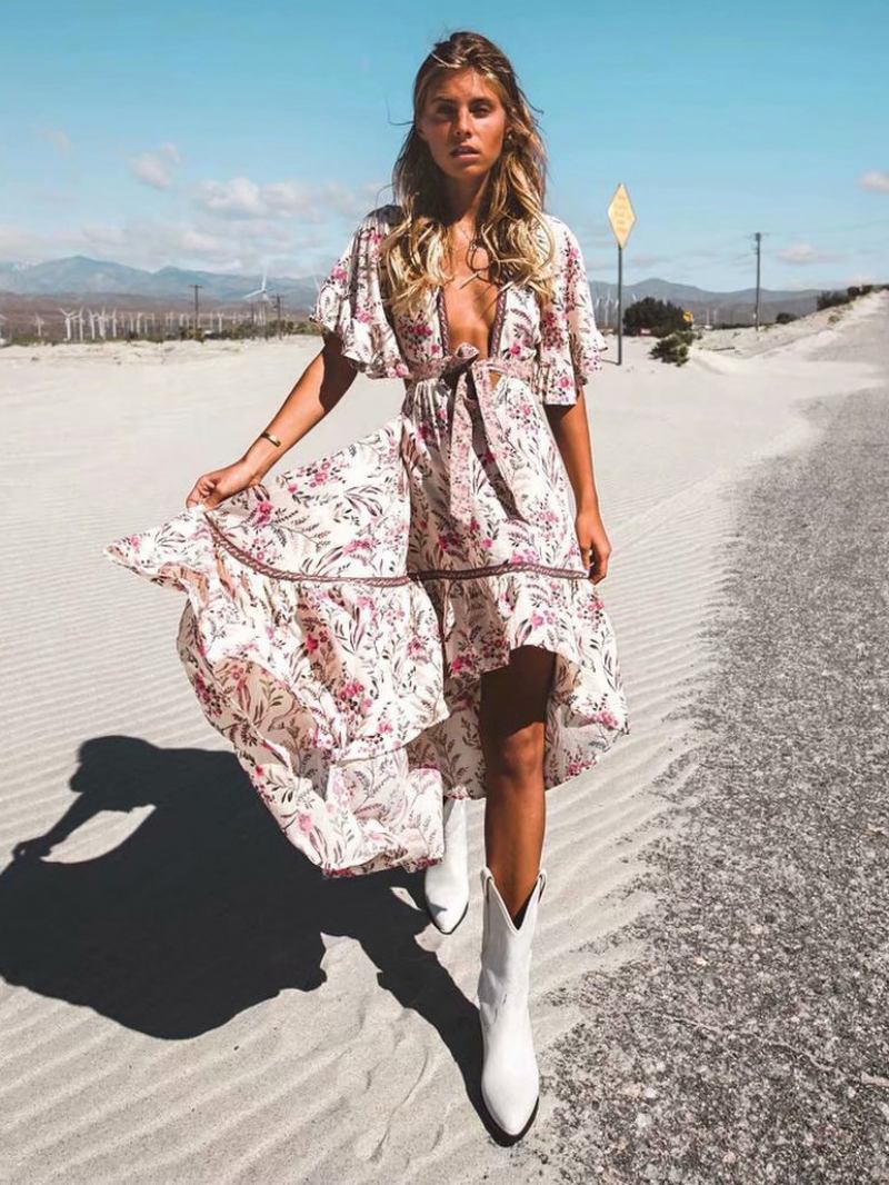 Vestido Feminino Boho Verão Com Decote Em V Mangas Curtas Estampado Corte Alto E Baixo Praia