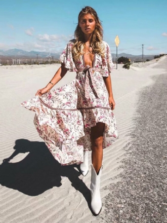 Vestido Feminino Boho Verão Com Decote Em V Mangas Curtas Estampado Corte Alto E Baixo Praia