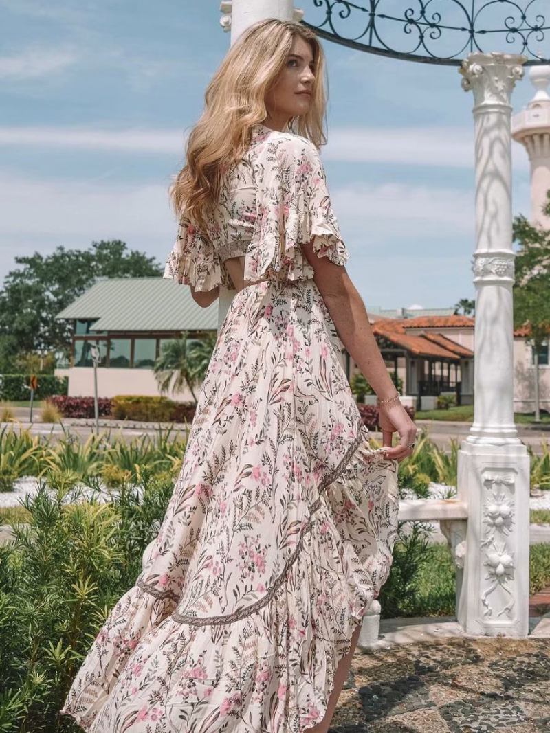 Vestido Feminino Boho Verão Com Decote Em V Mangas Curtas Estampado Corte Alto E Baixo Praia - Rosa