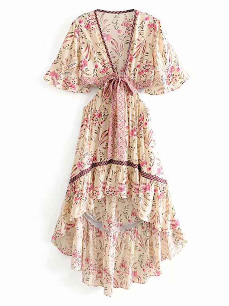 Vestido Feminino Boho Verão Com Decote Em V Mangas Curtas Estampado Corte Alto E Baixo Praia - Rosa