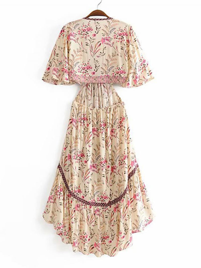 Vestido Feminino Boho Verão Com Decote Em V Mangas Curtas Estampado Corte Alto E Baixo Praia - Rosa