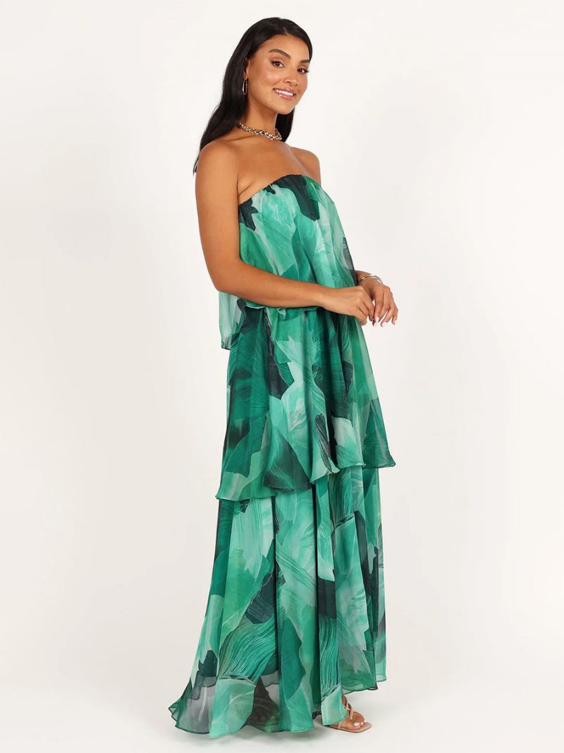 Vestido Feminino Chiffon Com Camadas Fora Do Ombro Vestidos Maxi Casuais Diários - Verde