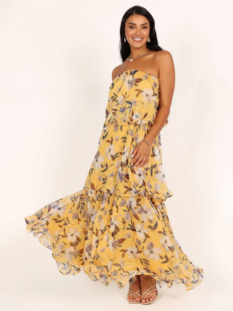 Vestido Feminino Chiffon Com Camadas Fora Do Ombro Vestidos Maxi Casuais Diários - Amarelo