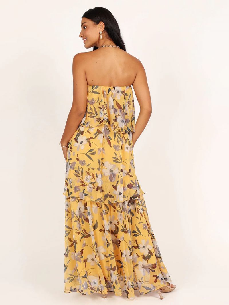 Vestido Feminino Chiffon Com Camadas Fora Do Ombro Vestidos Maxi Casuais Diários - Amarelo