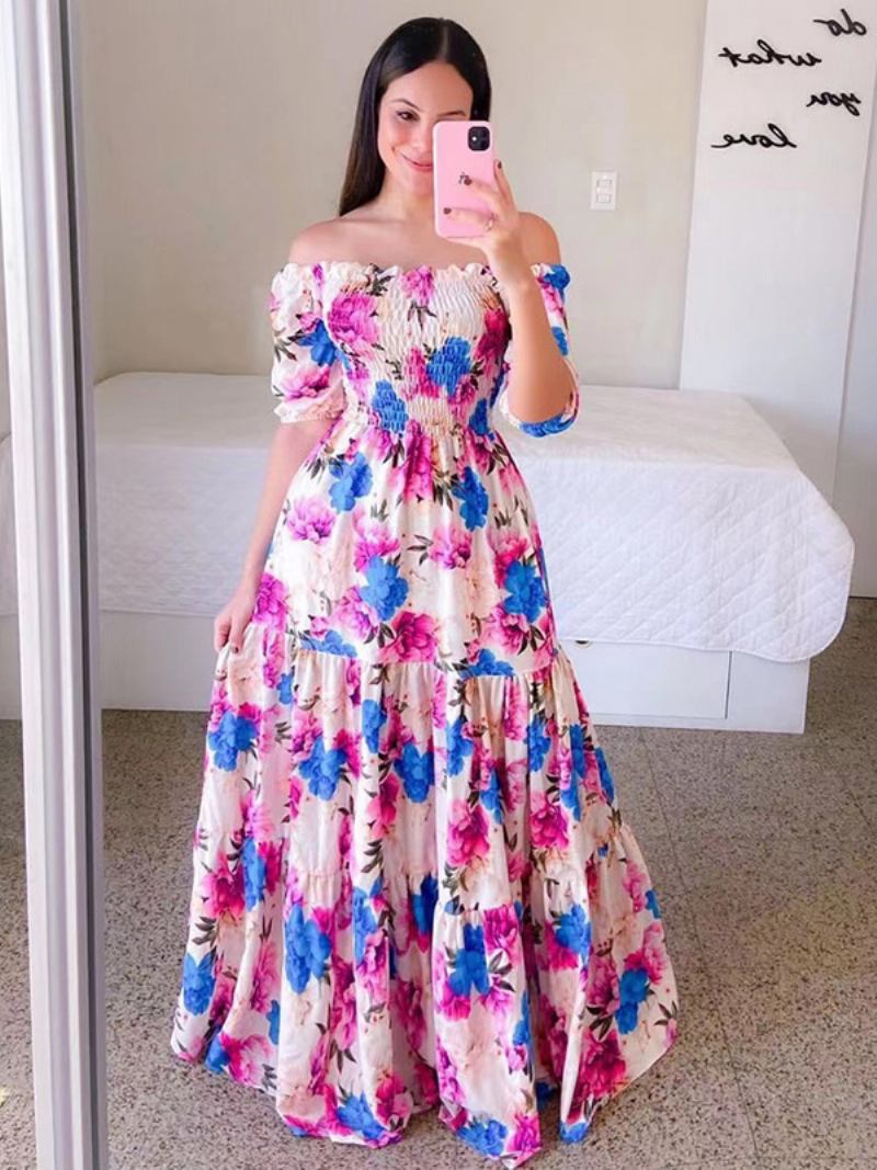 Vestido Feminino Com Babado Floral Fora Do Ombro Em Camadas Vestidos Casuais Verão