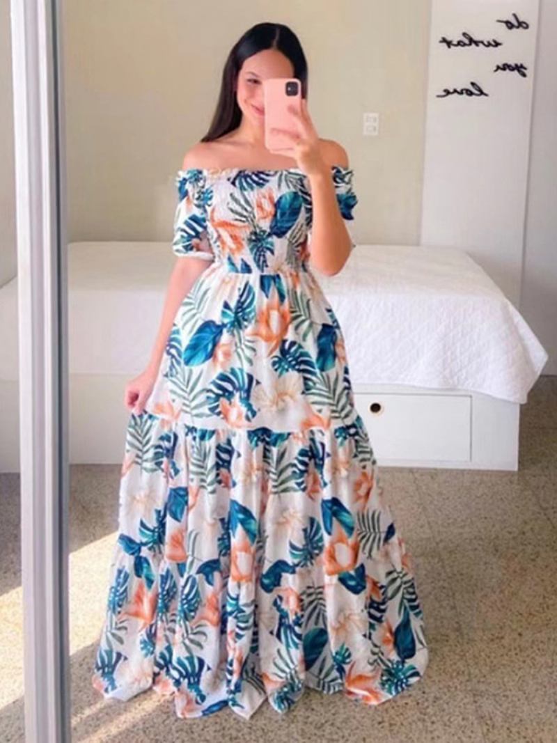 Vestido Feminino Com Babado Floral Fora Do Ombro Em Camadas Vestidos Casuais Verão - Verde