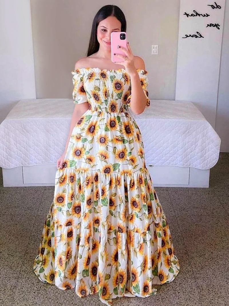 Vestido Feminino Com Babado Floral Fora Do Ombro Em Camadas Vestidos Casuais Verão - Amarelo