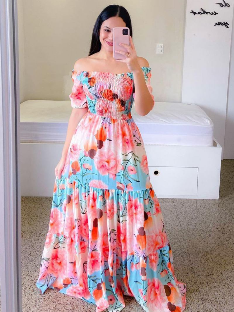 Vestido Feminino Com Babado Floral Fora Do Ombro Em Camadas Vestidos Casuais Verão - Rosa