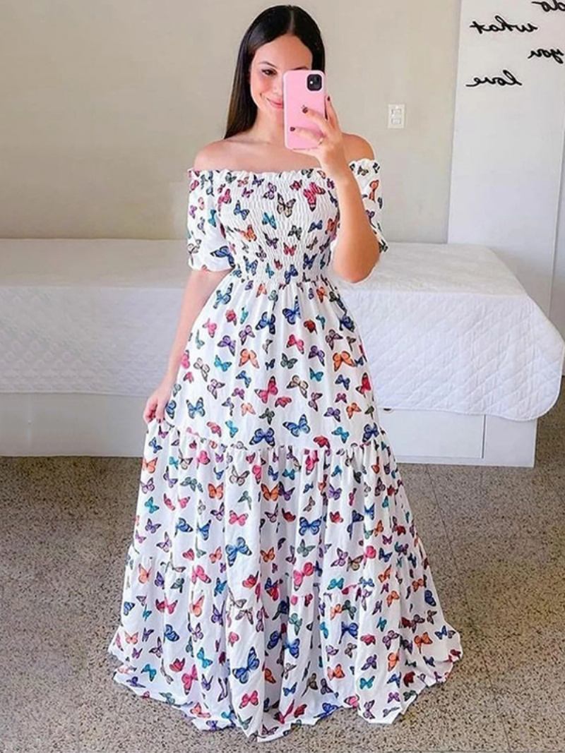 Vestido Feminino Com Babado Floral Fora Do Ombro Em Camadas Vestidos Casuais Verão - Branco