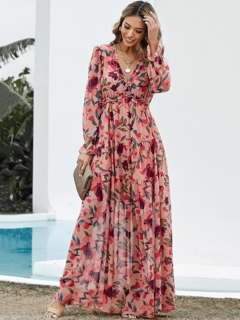 Vestido Feminino Com Estampa Floral Decote Em V Babados Camadas Mangas Compridas Vestidos Boho Maxi