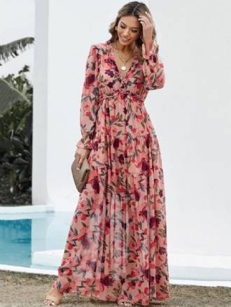 Vestido Feminino Com Estampa Floral Decote Em V Babados Camadas Mangas Compridas Vestidos Boho Maxi