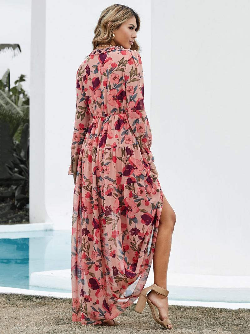 Vestido Feminino Com Estampa Floral Decote Em V Babados Camadas Mangas Compridas Vestidos Boho Maxi - Vermelho