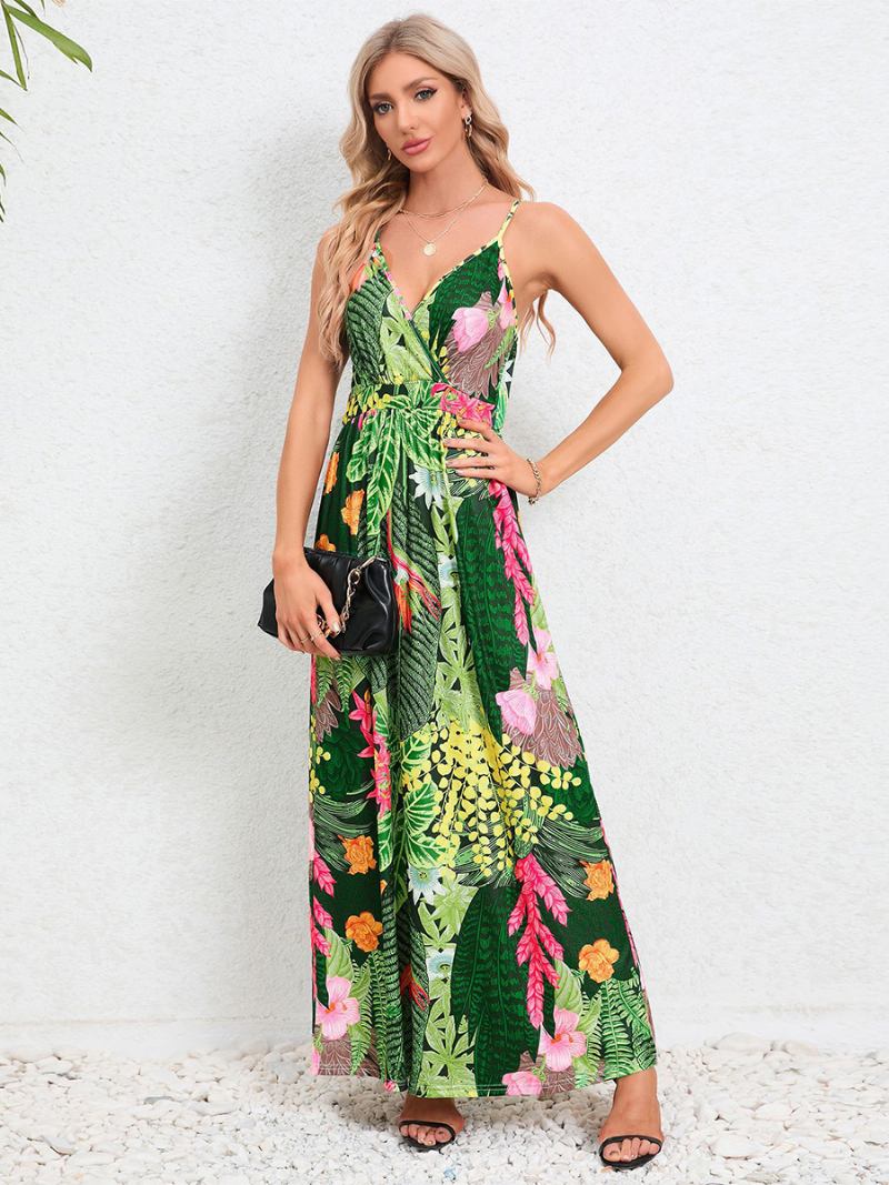 Vestido Feminino Com Estampa Folhas Alças Finas Decote Em V Costas Nuas Vestidos Maxi Verão Casuais - Verde