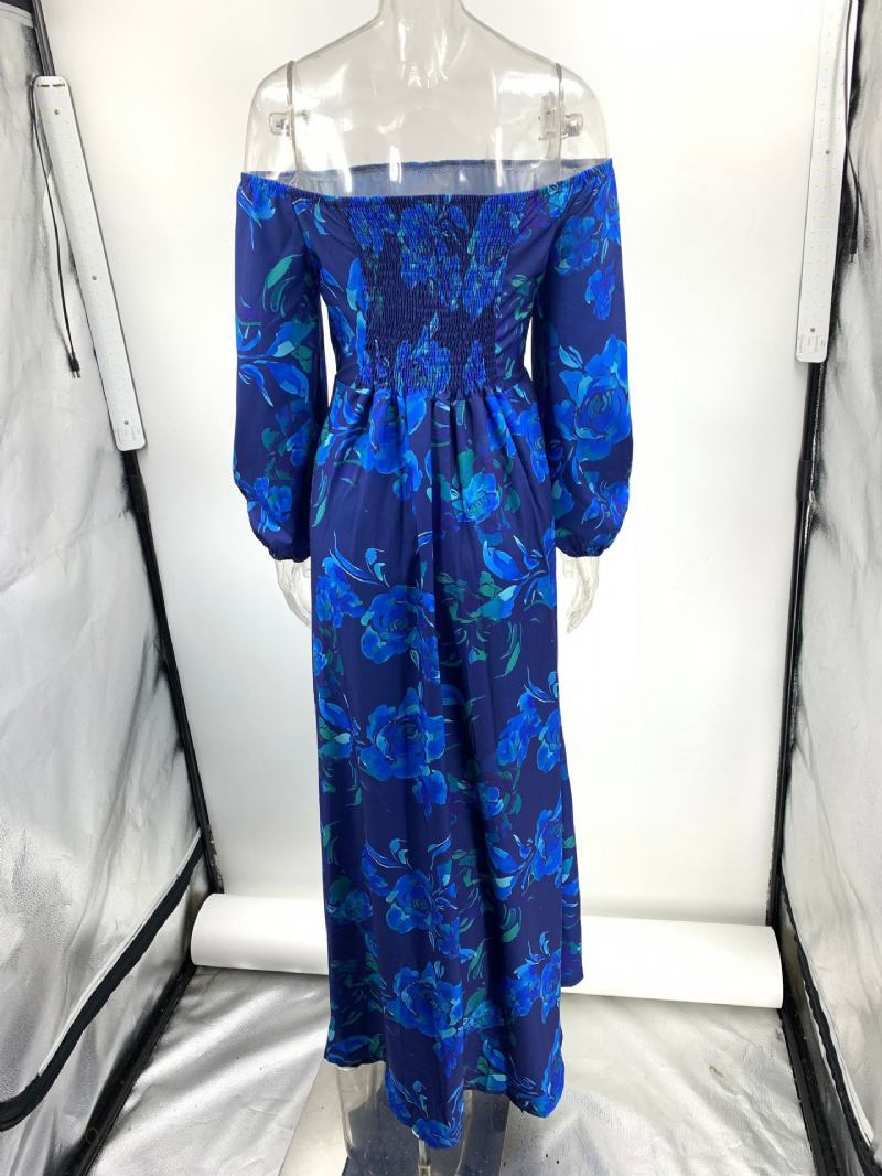 Vestido Feminino Estampado Allover Com Ombros Fora Mangas Três Quartos Vestidos Maxi Casuais Primavera - Azul