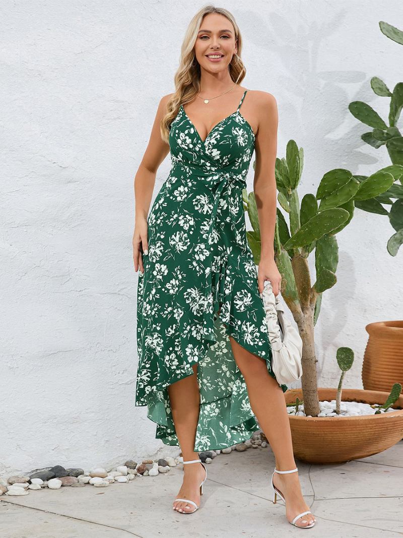 Vestido Feminino Estampado Com Decote Em V Alças Finas Faxu Wrap Cinto Vestidos Midi Verão - Verde