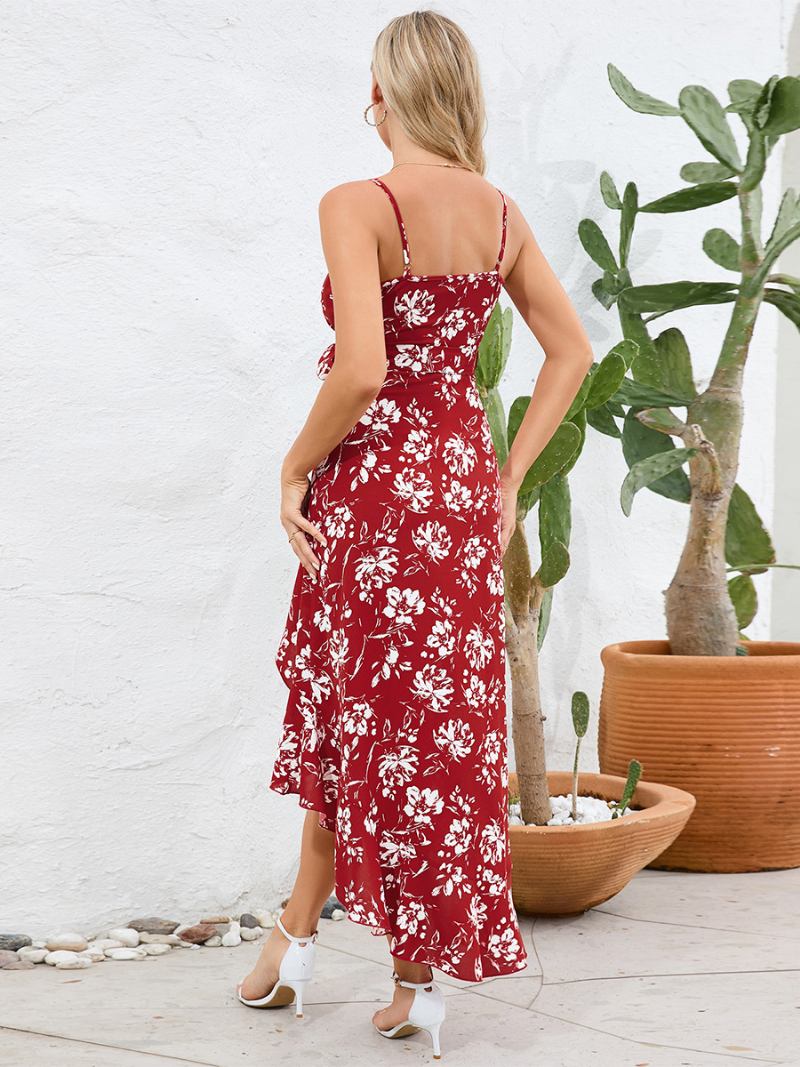 Vestido Feminino Estampado Com Decote Em V Alças Finas Faxu Wrap Cinto Vestidos Midi Verão - Vermelho