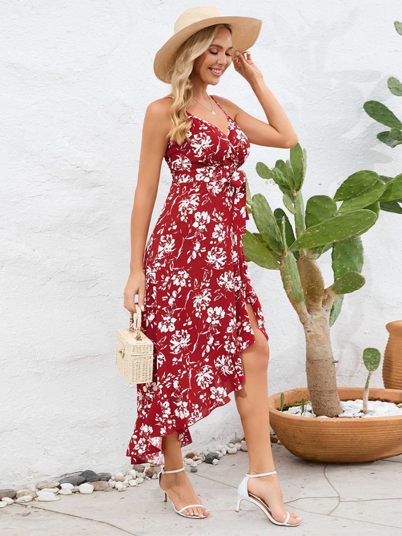 Vestido Feminino Estampado Com Decote Em V Alças Finas Faxu Wrap Cinto Vestidos Midi Verão - Vermelho