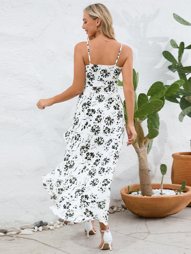 Vestido Feminino Estampado Com Decote Em V Alças Finas Faxu Wrap Cinto Vestidos Midi Verão - Branco