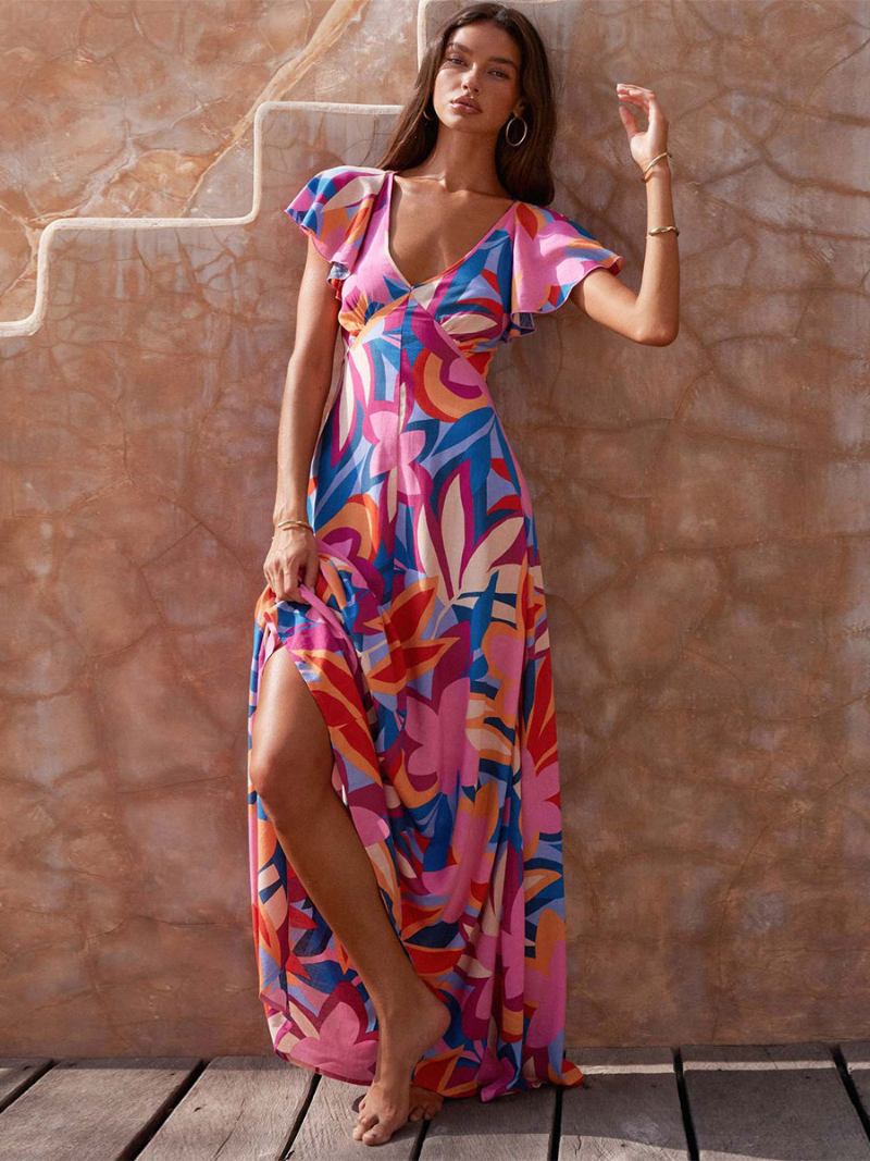 Vestido Feminino Estampado Com Decote Em V Mangas Boho Vestidos Maxi Casuais Verão