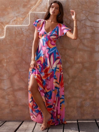 Vestido Feminino Estampado Com Decote Em V Mangas Boho Vestidos Maxi Casuais Verão