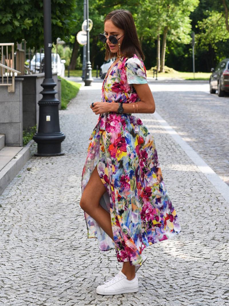 Vestido Feminino Estampado Com Decote Em V Mangas Curtas Cinto Vestidos Midi Casuais Verão - Vermelho