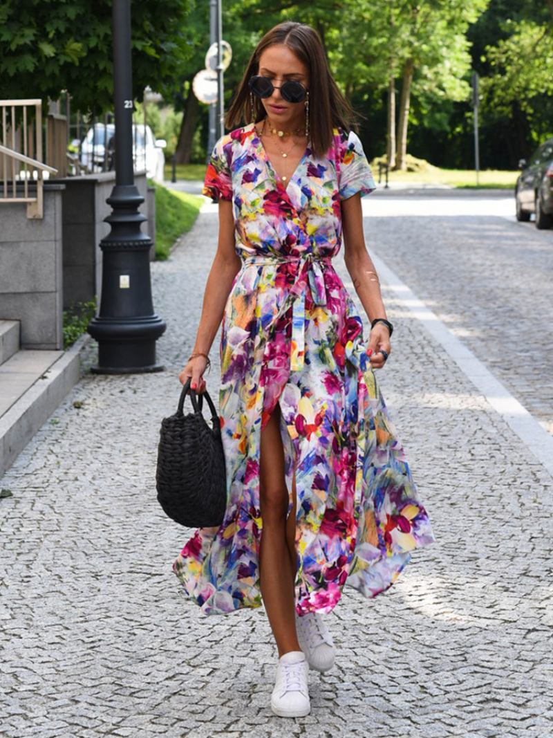 Vestido Feminino Estampado Com Decote Em V Mangas Curtas Cinto Vestidos Midi Casuais Verão - Vermelho