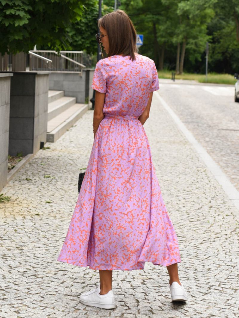 Vestido Feminino Estampado Com Decote Em V Mangas Curtas Cinto Vestidos Midi Casuais Verão - Rosa