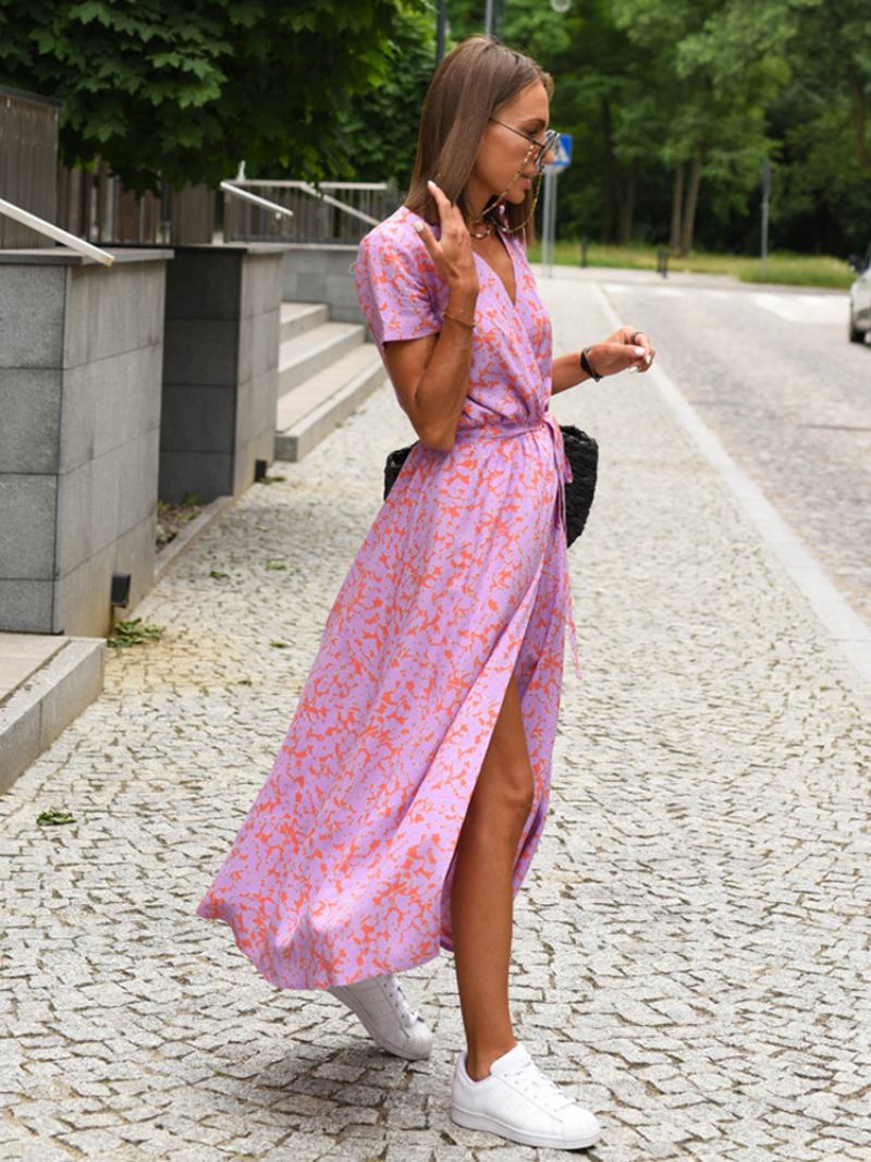 Vestido Feminino Estampado Com Decote Em V Mangas Curtas Cinto Vestidos Midi Casuais Verão - Rosa