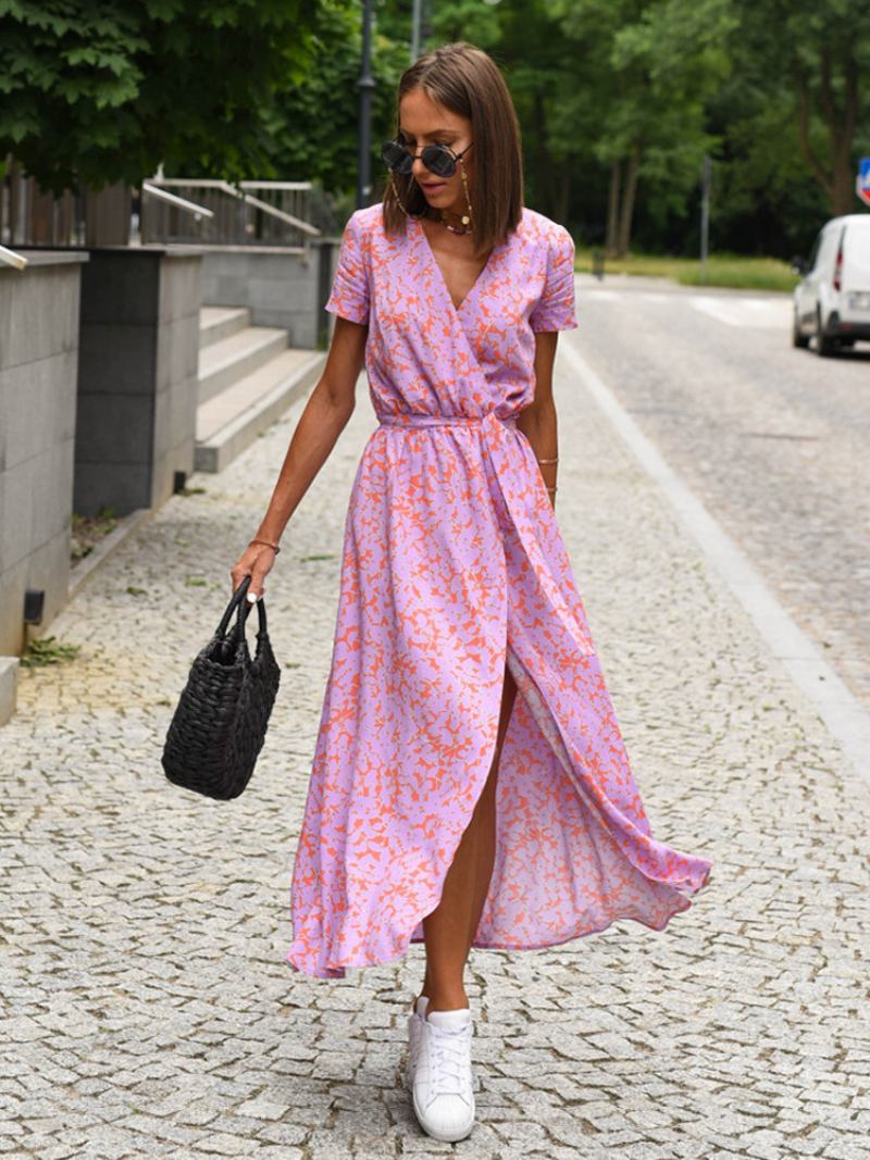 Vestido Feminino Estampado Com Decote Em V Mangas Curtas Cinto Vestidos Midi Casuais Verão - Rosa