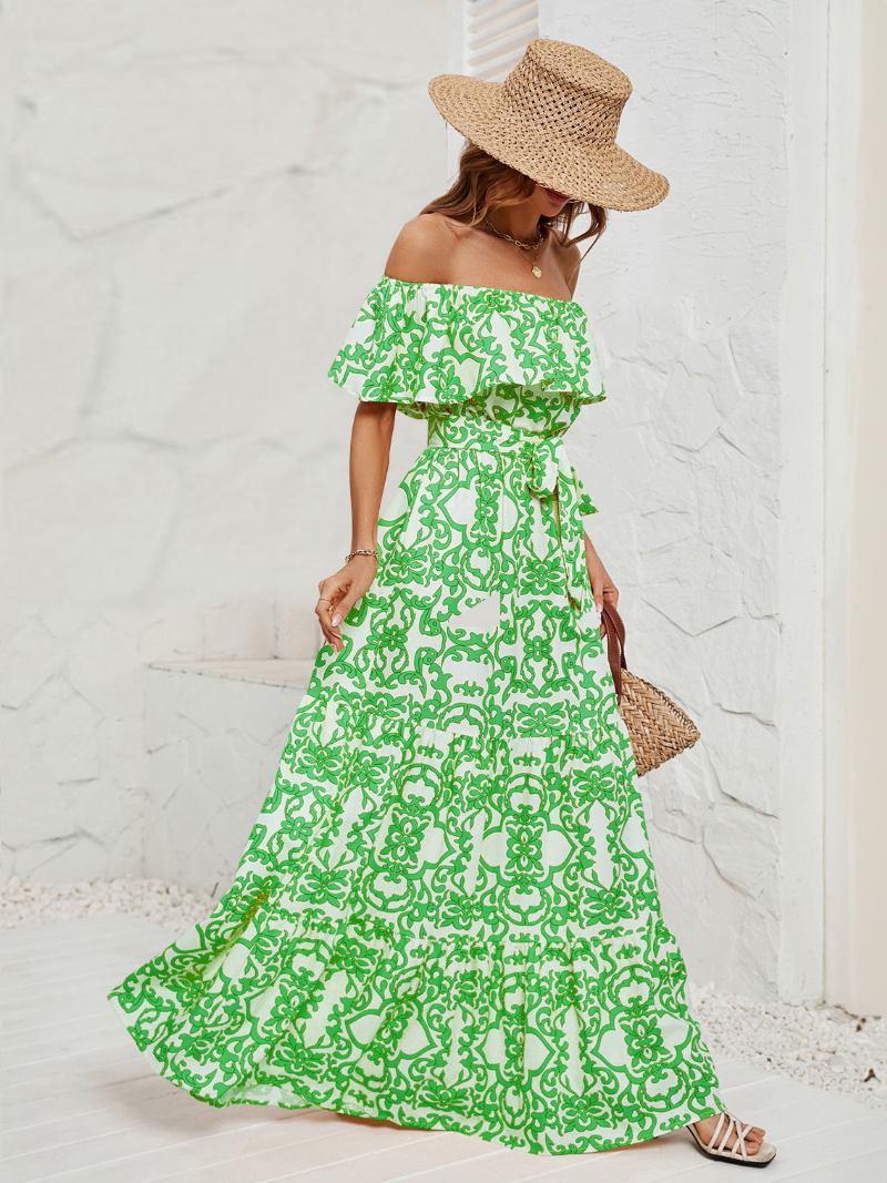 Vestido Feminino Estampado Fora Do Ombro Com Cinto Sem Costas Em Camadas Casuais Vestidos Maxi Verão - Verde