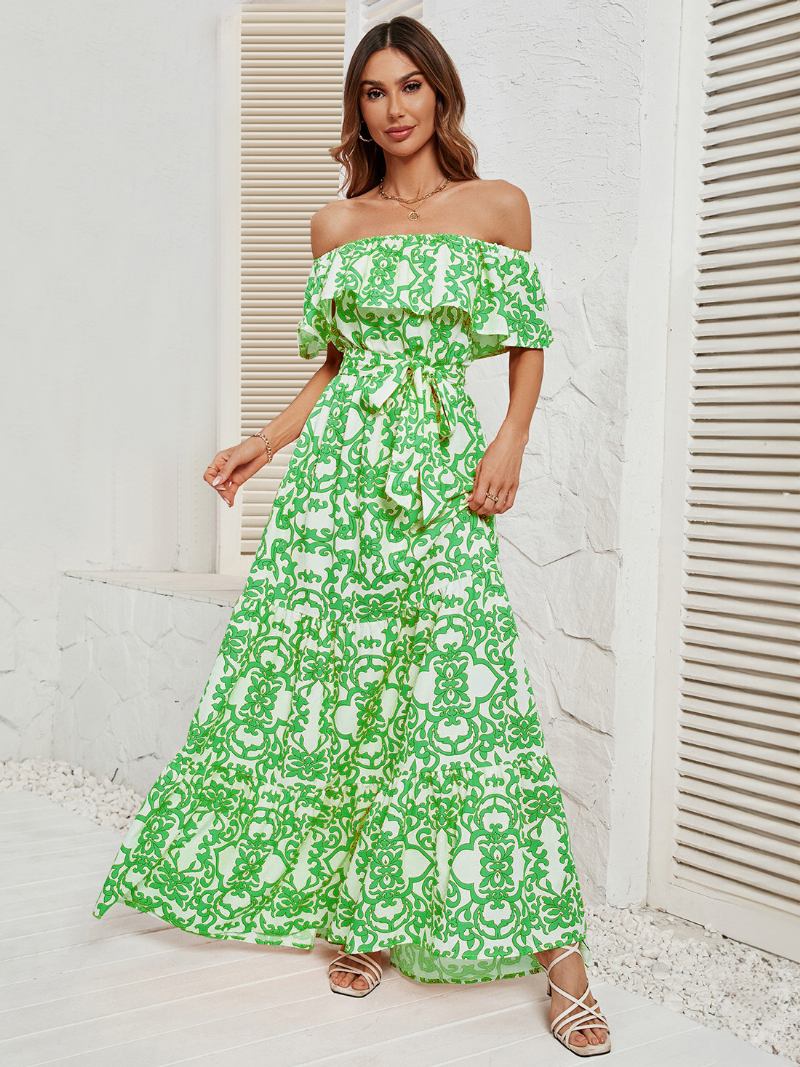 Vestido Feminino Estampado Fora Do Ombro Com Cinto Sem Costas Em Camadas Casuais Vestidos Maxi Verão - Verde