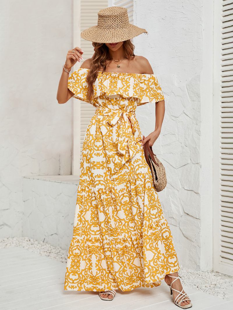 Vestido Feminino Estampado Fora Do Ombro Com Cinto Sem Costas Em Camadas Casuais Vestidos Maxi Verão - Amarelo