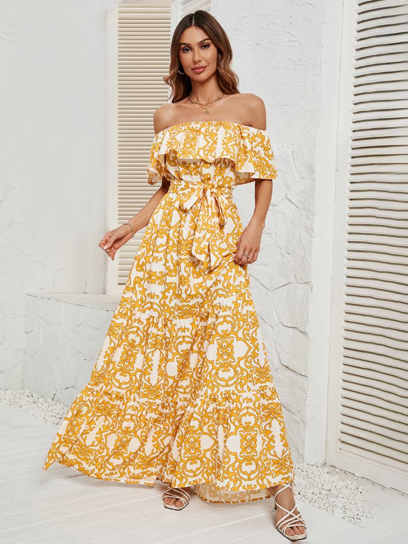 Vestido Feminino Estampado Fora Do Ombro Com Cinto Sem Costas Em Camadas Casuais Vestidos Maxi Verão - Amarelo