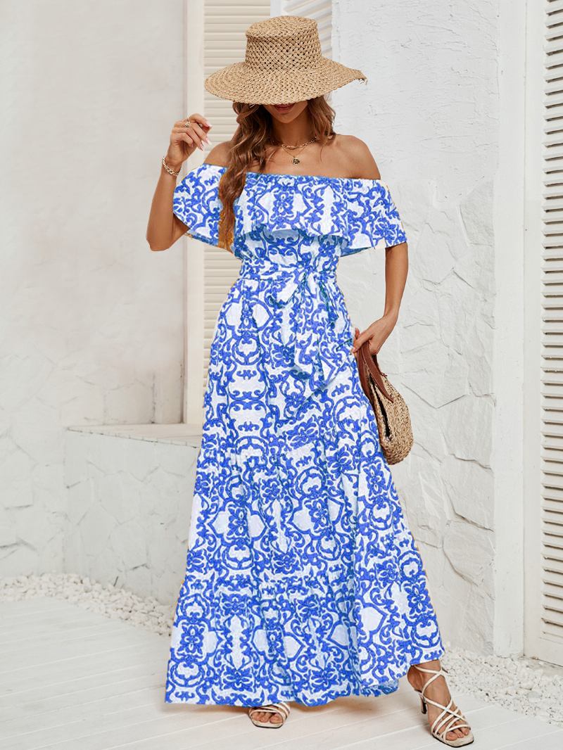 Vestido Feminino Estampado Fora Do Ombro Com Cinto Sem Costas Em Camadas Casuais Vestidos Maxi Verão - Azul