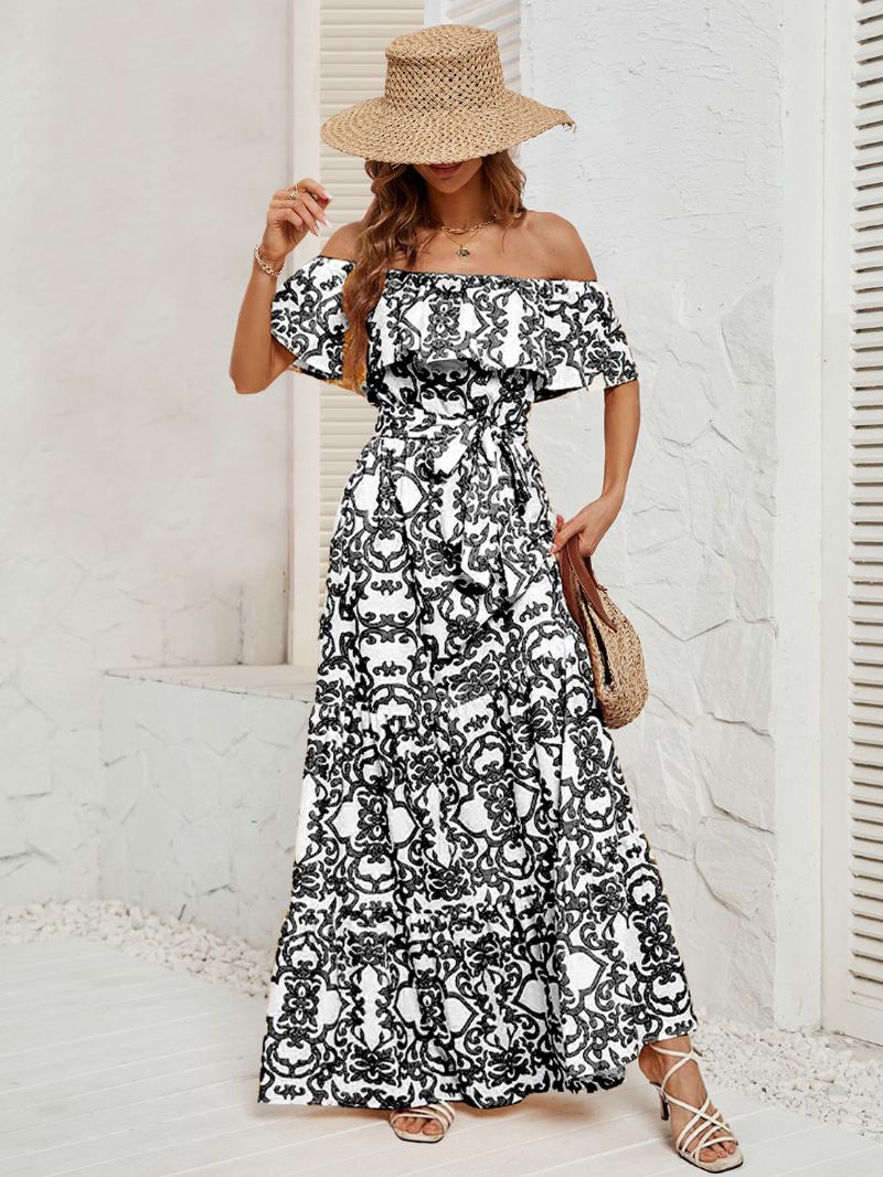 Vestido Feminino Estampado Fora Do Ombro Com Cinto Sem Costas Em Camadas Casuais Vestidos Maxi Verão - Preto