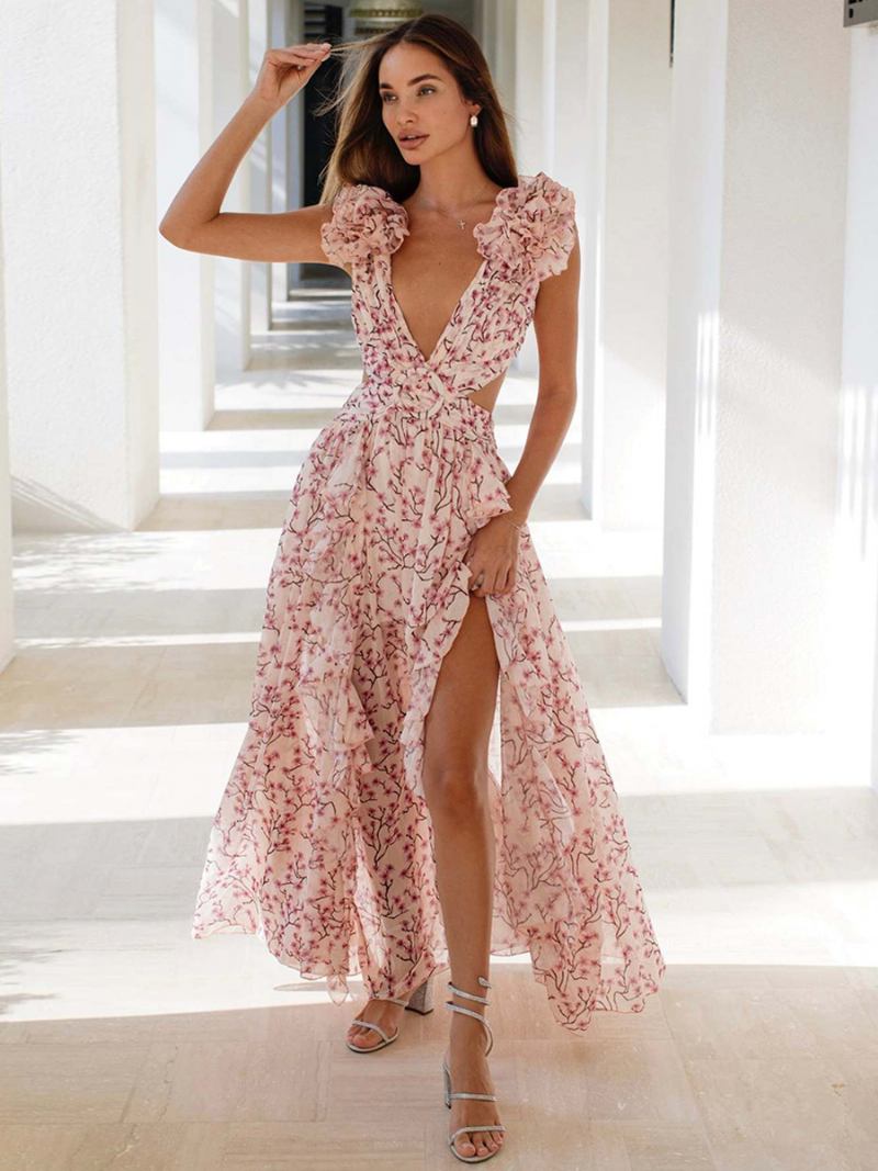 Vestido Feminino Florido E Fluido Com Fenda Alta Costas Nuas Maxi Boho