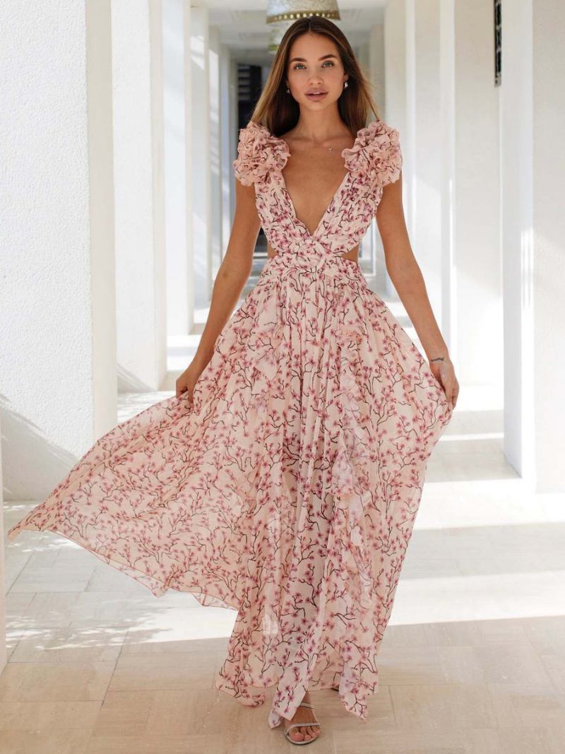 Vestido Feminino Florido E Fluido Com Fenda Alta Costas Nuas Maxi Boho - Rosa